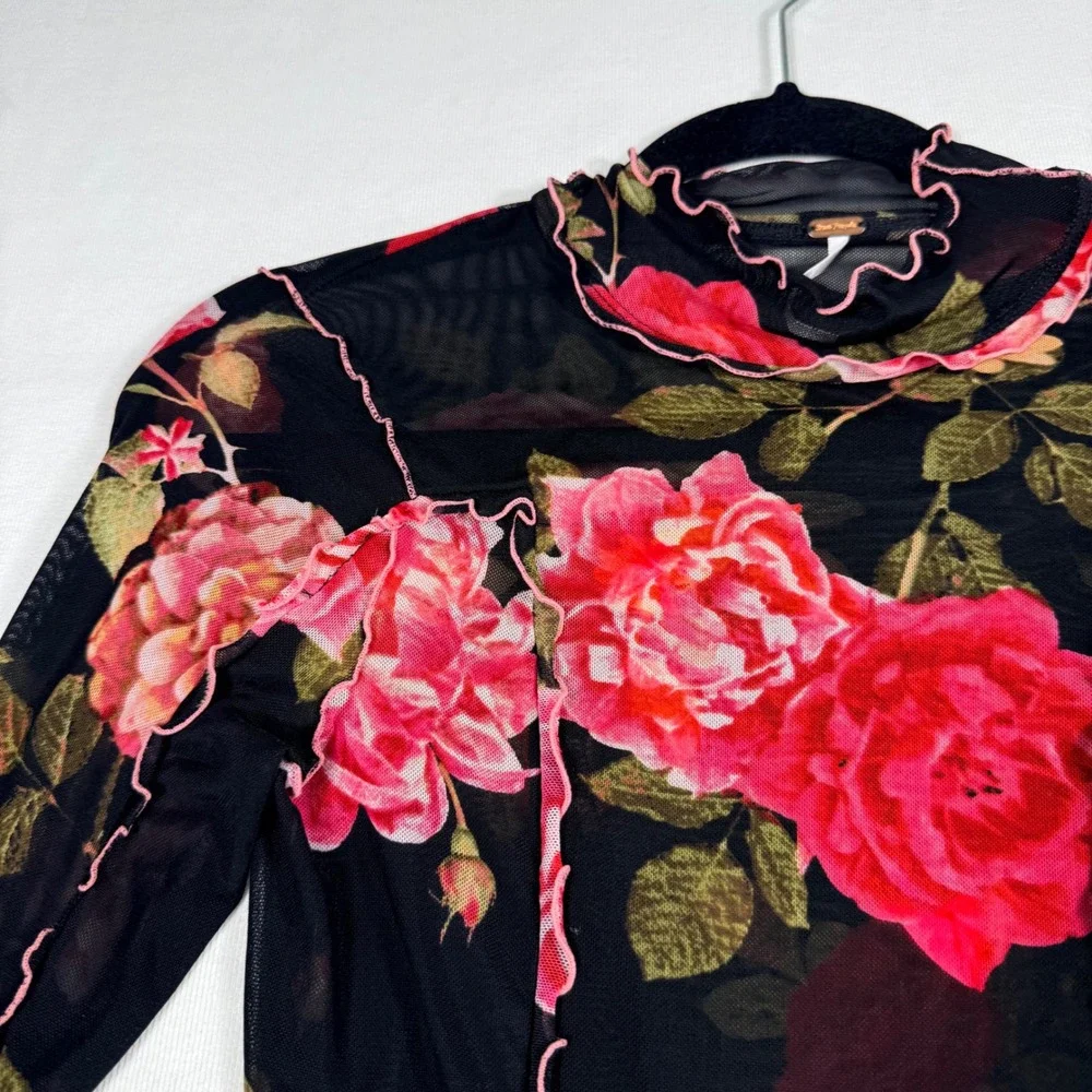 Free People Mesh Top S Black Red Floral Rose Sheer L/sleeve dark romancgoth